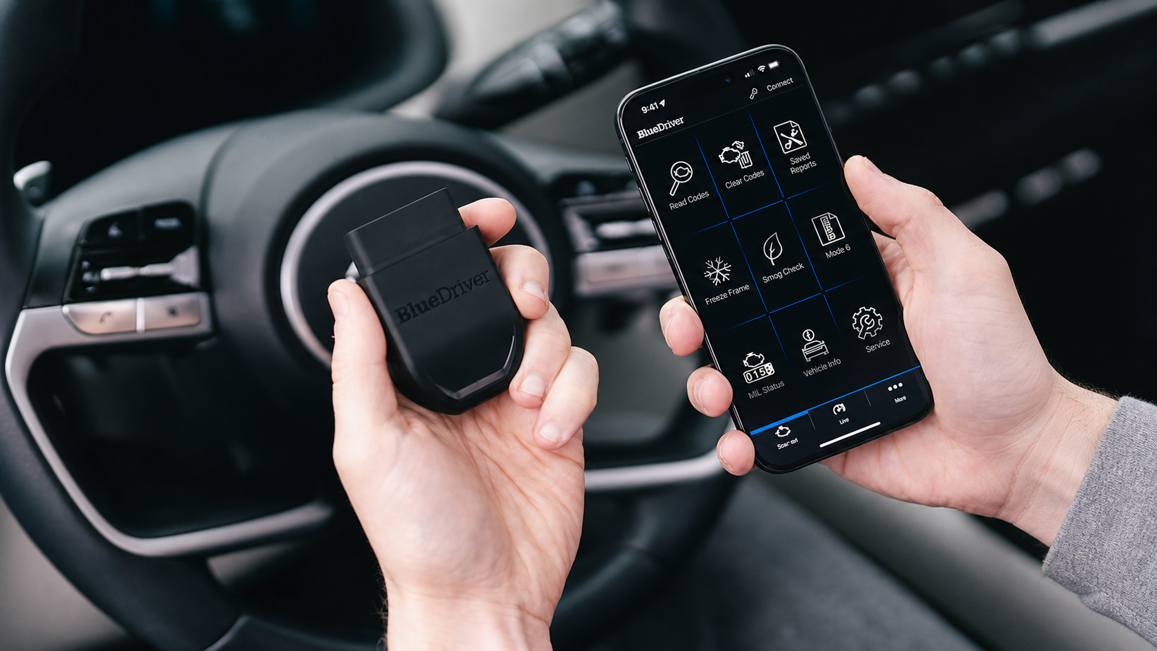Car owner holding a BlueDriver OBD-II scanner and its phone app