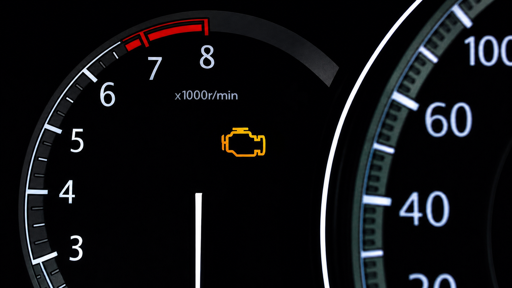 Car dashboard with the amber check-engine warning light illuminated