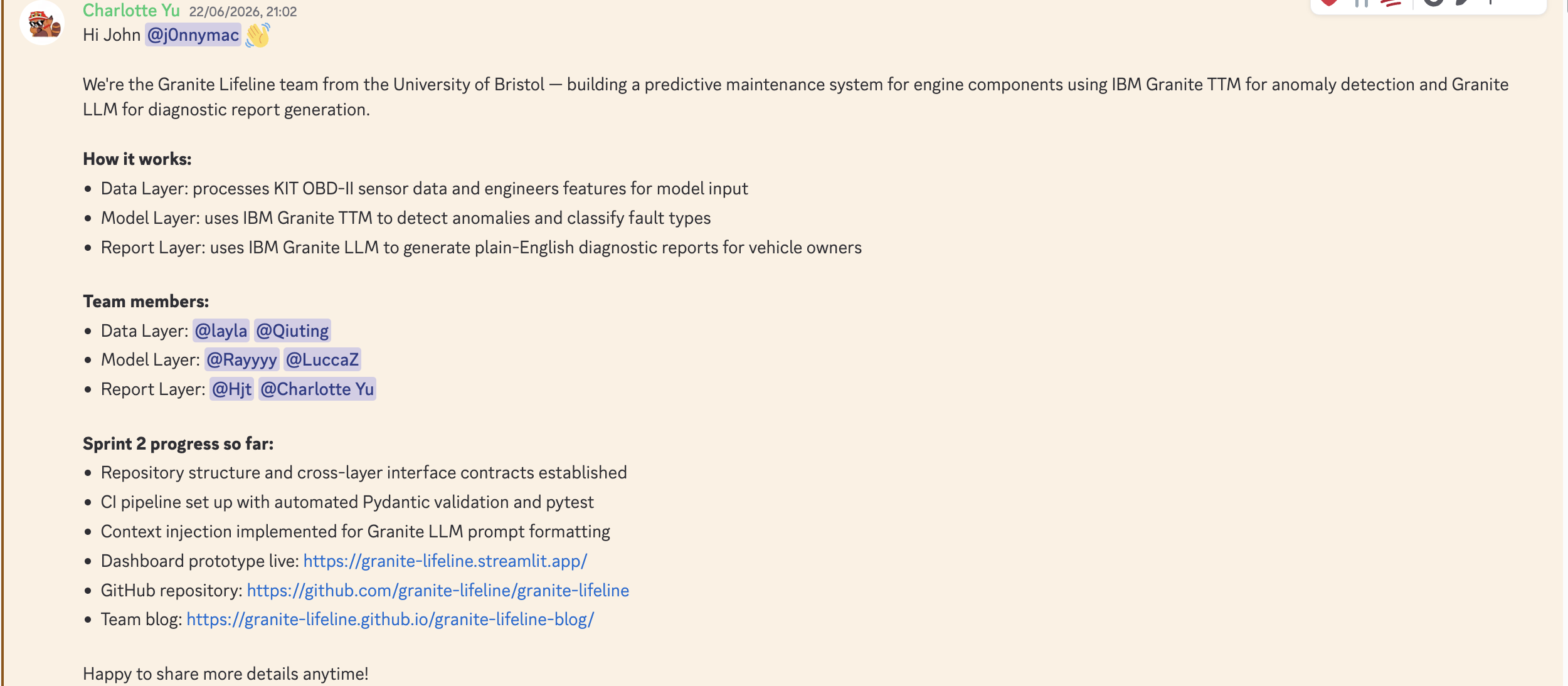 Discord Sprint 2 project and team update sent to IBM